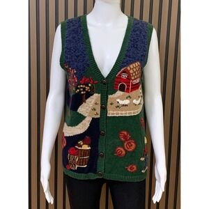 Vintage Capacity Farm Scene Knit Sweater Vest Small Cottagecore Barn Sheep Green